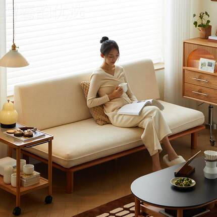 日木式实沙发发厅小户客型无扶手双人复古懒人沙床樱桃木布VSE艺