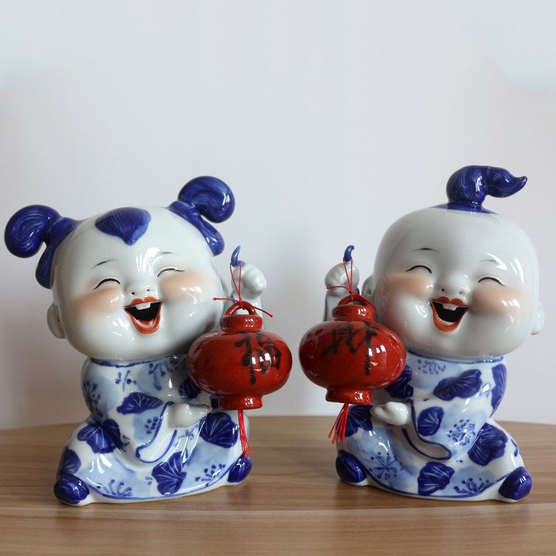 景德镇陶瓷器手绘青花瓷娃娃家居客厅摆设结婚礼品客厅摆件