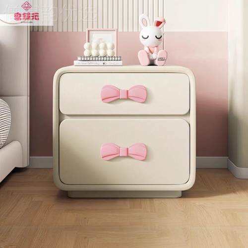 蝴蝶结可爱创质奶油风床头柜木实小型卧室简约收纳意FQX家用皮床
