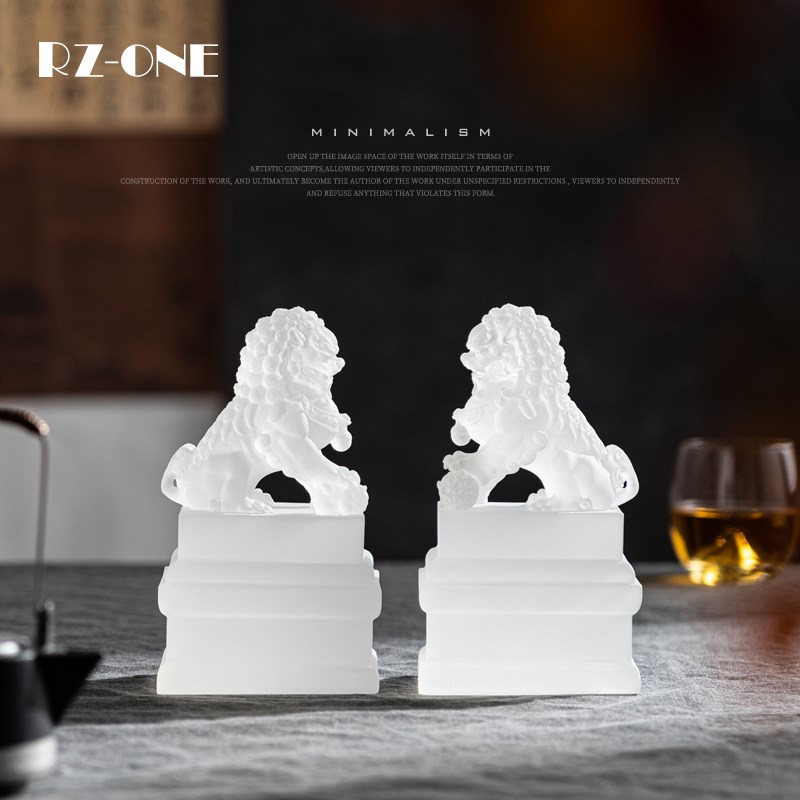 Rzone 新中式透明狮子禅意摆件中古博古架书房茶室样板间软装饰品