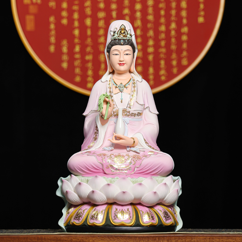 德化高端陶瓷彩绘观音坐莲彩绘高档观世音菩萨像佛像供奉精工摆件
