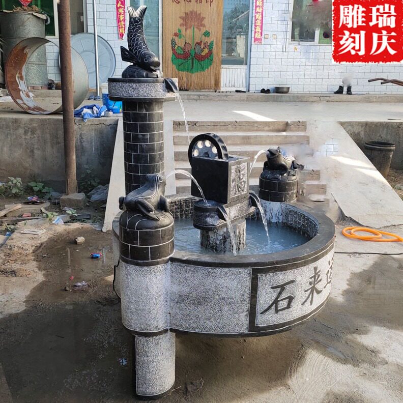 直销仿古青石荷花石雕鱼缸室内石槽庭院水景招财进青蛙吐流水摆件