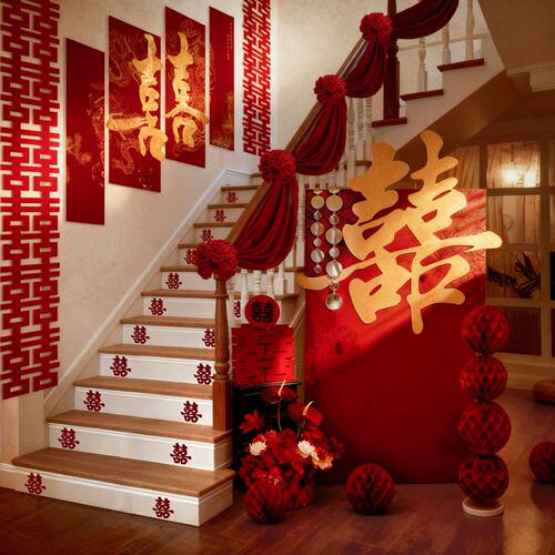 结婚楼梯扶手喜字kt板背景墙装饰婚房氛围布置装饰迎宾牌立体套装