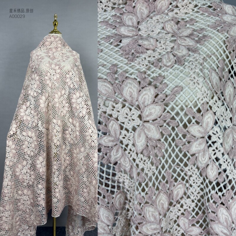 新款高品质重工高端水溶刺绣面料连衣裙婚纱礼服蕾丝网装设计布料