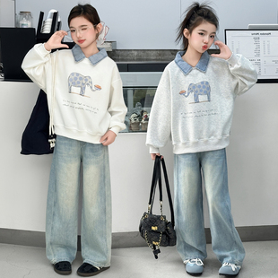 卫衣牛仔裤 女童秋装 洋气儿童Polo衫 套装 网红衣服两件套秋 2025新款