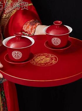 托茶盘订婚新盘郎新娘喜圆PLU形金边糖果盘红色方形盘字子结婚喜