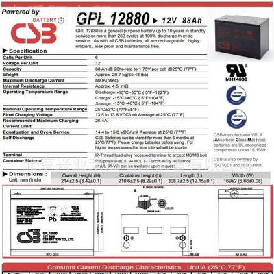 台湾CSB电GPL12880EUF 密封阀控式 1蓄2V88A池H 铅酸维护 船舶免