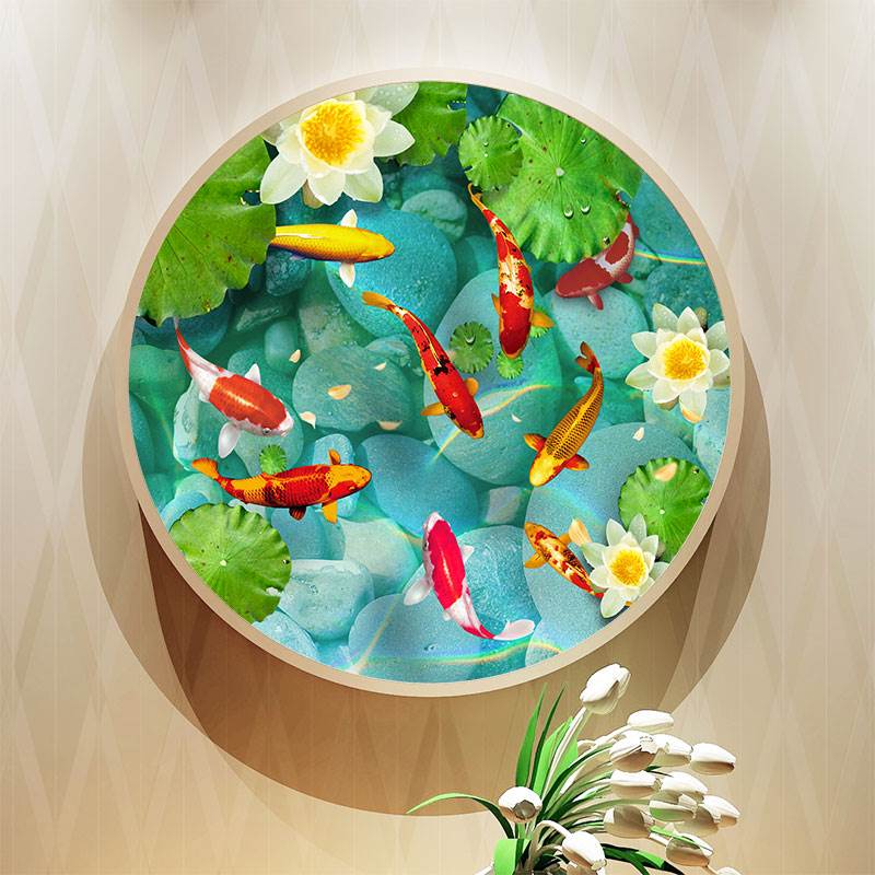 新中式入户玄关荷花鱼挂画年年有余鱼图实木圆形客厅进门装饰画图片