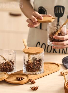 ll璃圆调密封罐锤目纹茶叶五谷IXC杂粮储物罐带勺子家用味形玻厨