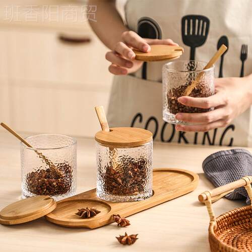 ll璃圆调密封罐锤目纹茶叶五谷IXC杂粮储物罐带勺子家用味形玻厨