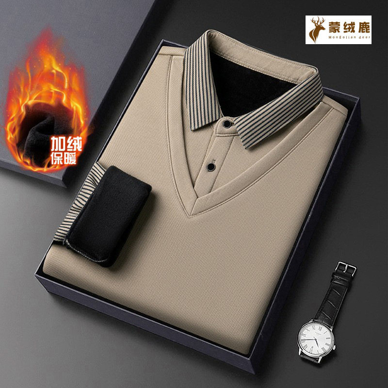 假两件保暖衣秋冬季加绒男士中年男式休闲翻领加厚条纹T恤衫上衣