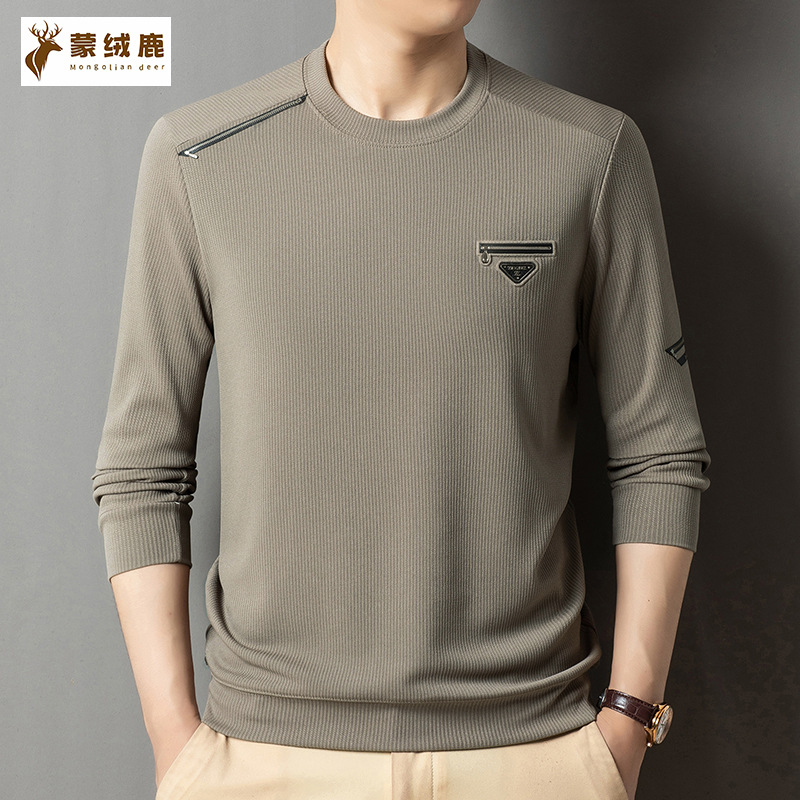 中青年提花男士长袖t恤圆领春秋装华夫格卫衣薄款上衣体恤打底衫