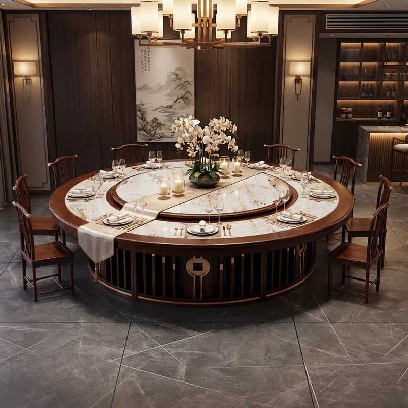 实木岩板电动餐桌酒店餐厅会所包厢16人18人20人新中式电动大圆桌