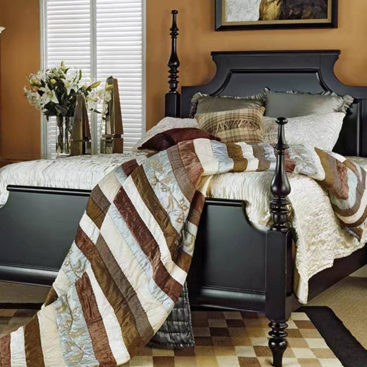 美克美家全实木床法式复古简约手绘双人主卧家具黑色高端柱子婚床