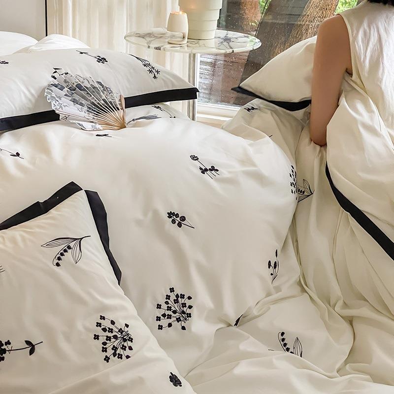 时尚黑白田园风100S全棉磨毛四件套秋冬加厚保暖纯棉被套床单2.0