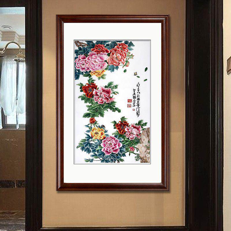 苏绣画桑蚕丝成品挂画苏州刺绣画玄关客厅新中式装饰画牡丹