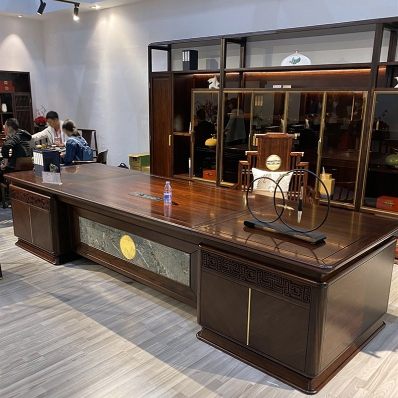 新中式乌金木茶台办公桌老板桌乌金木高档大班台黑檀全实木主管桌