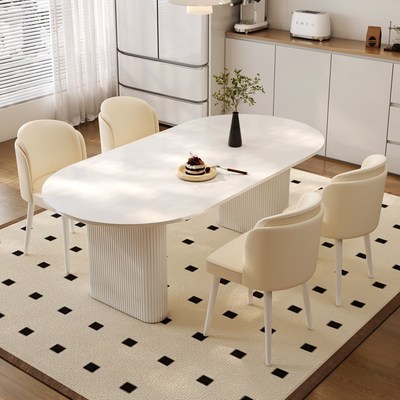 幕欧岩板餐桌奶油风椭圆小户型现代简约轻奢饭桌餐椅多人家用新款