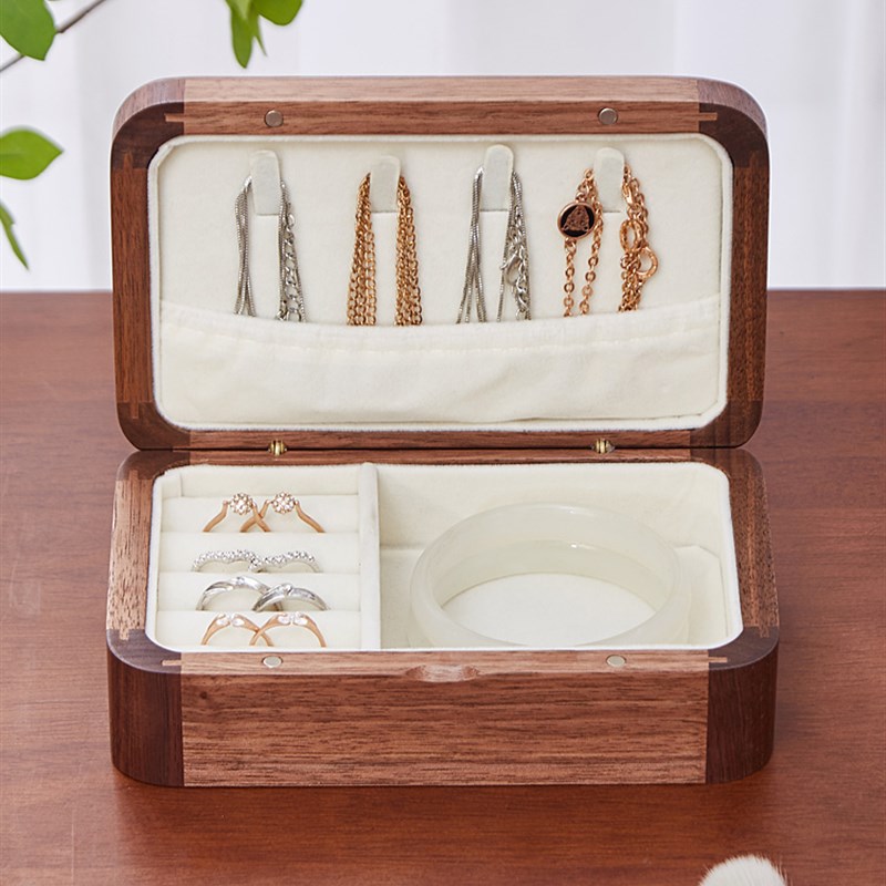 2022新款实木黄金首饰盒便携三金收纳盒黑胡桃木小饰品盒耳钉耳环