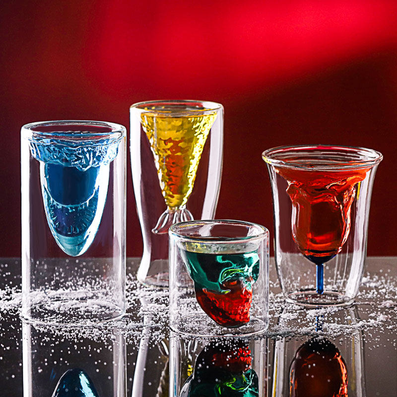玫瑰花透明耐热玻璃杯 双层鸡尾酒杯个性酒吧杯 创意优雅花朵酒杯