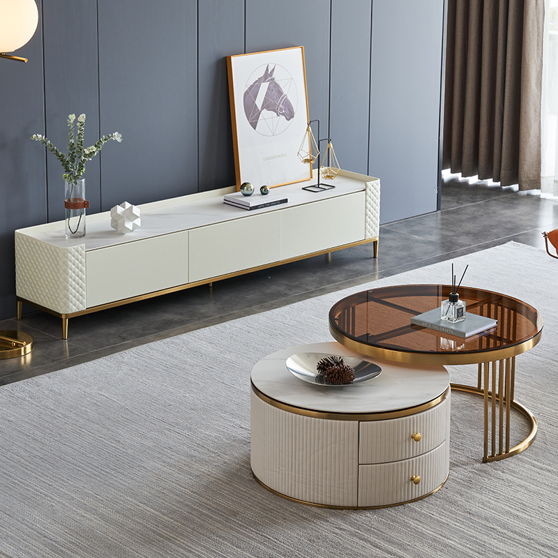 北欧轻奢岩板电视柜茶几组合白色现代简约客厅小户型样板间地柜