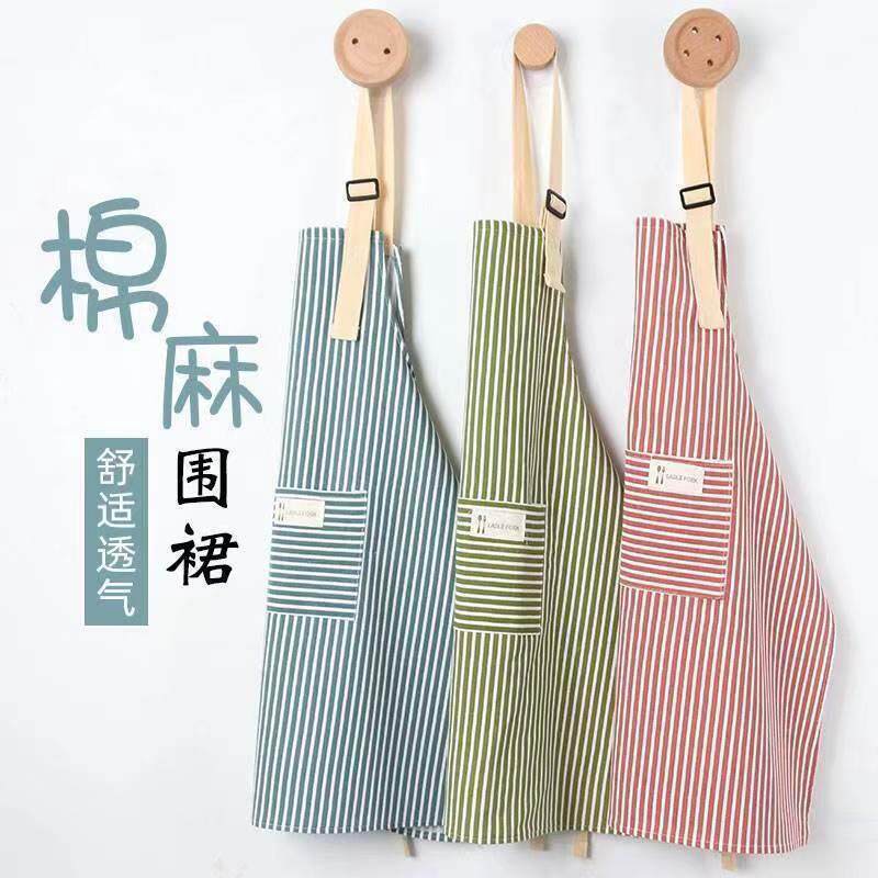家用厨房围裙防水防油女工作服套装袖套棉麻夏天时尚条纹挂颈薄款