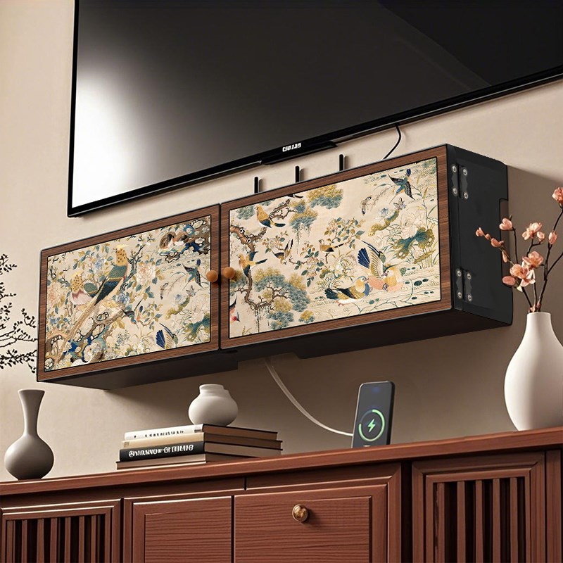 无线路由器收纳盒壁挂式花鸟装饰免打孔插座电线弱电箱隐藏遮挡柜