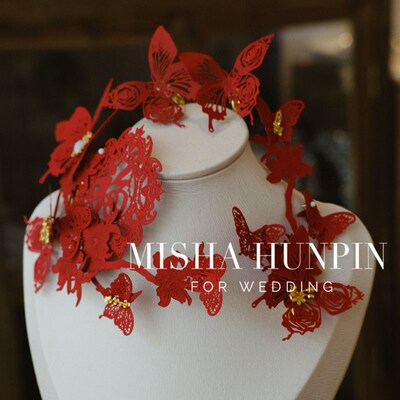 新娘结婚汉服旗袍秀禾服剪纸工艺花片发簪红色发饰盘发边夹头饰