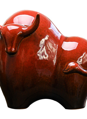 陶瓷生肖牛摆件中式招财转运红色牛动物家居客厅书房办公桌面摆放