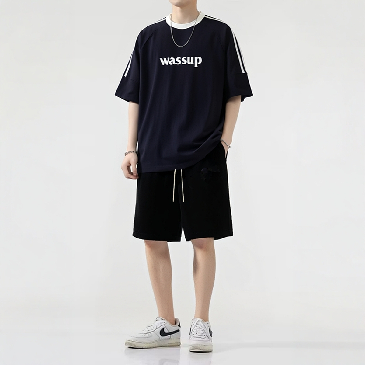 HAND WASSUP套装男夏季纯棉短袖T恤帅气休闲运动短裤两件套青少年