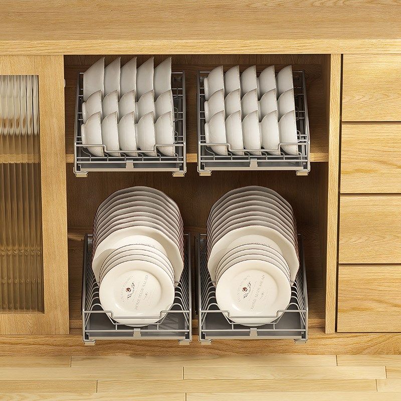 抽拉厨房碗碟收纳架碳钢橱柜内置抽屉式置物架免安装碗盘拉篮架子,家装主材,拉篮,淘宝优惠券,粉丝福利购,淘宝优惠卷