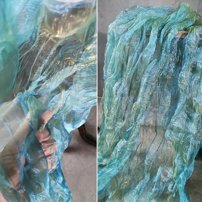 海洋蓝黄欧根纱不规则压褶镭射渐变布料蕾丝褶皱设计师面料