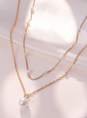 欧美ins巴珍珠项链 法式轻奢小众设计双层锁骨链简约短款颈链