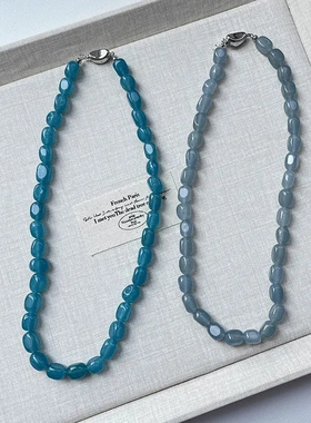 不规则蓝色天然石串珠玉髓项链女复古新中式轻奢高级感锁骨链配饰