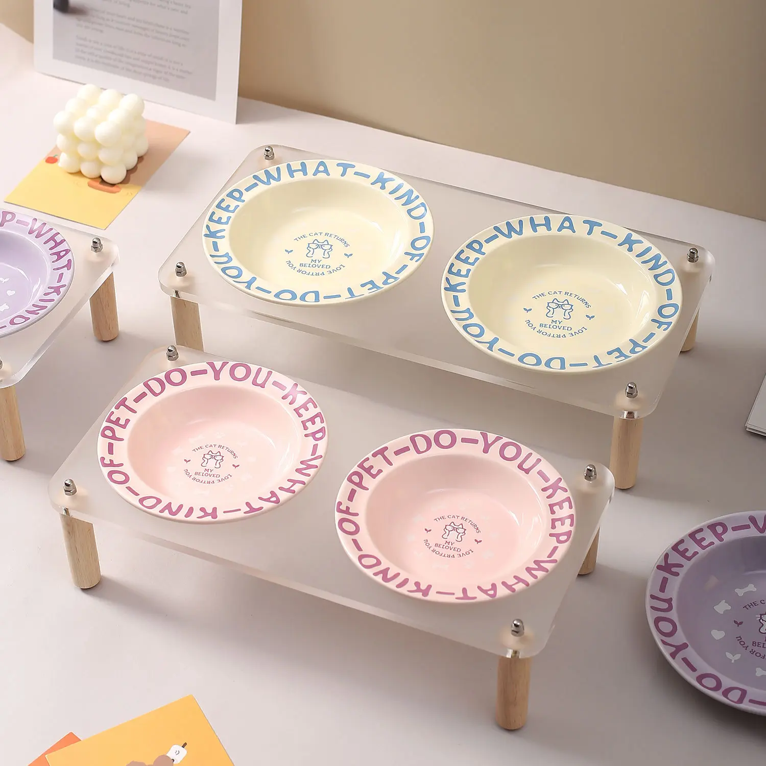 英文盘带四方亚克力架家用宠物碗高脚猫碗狗碗喝水碗防打翻碗