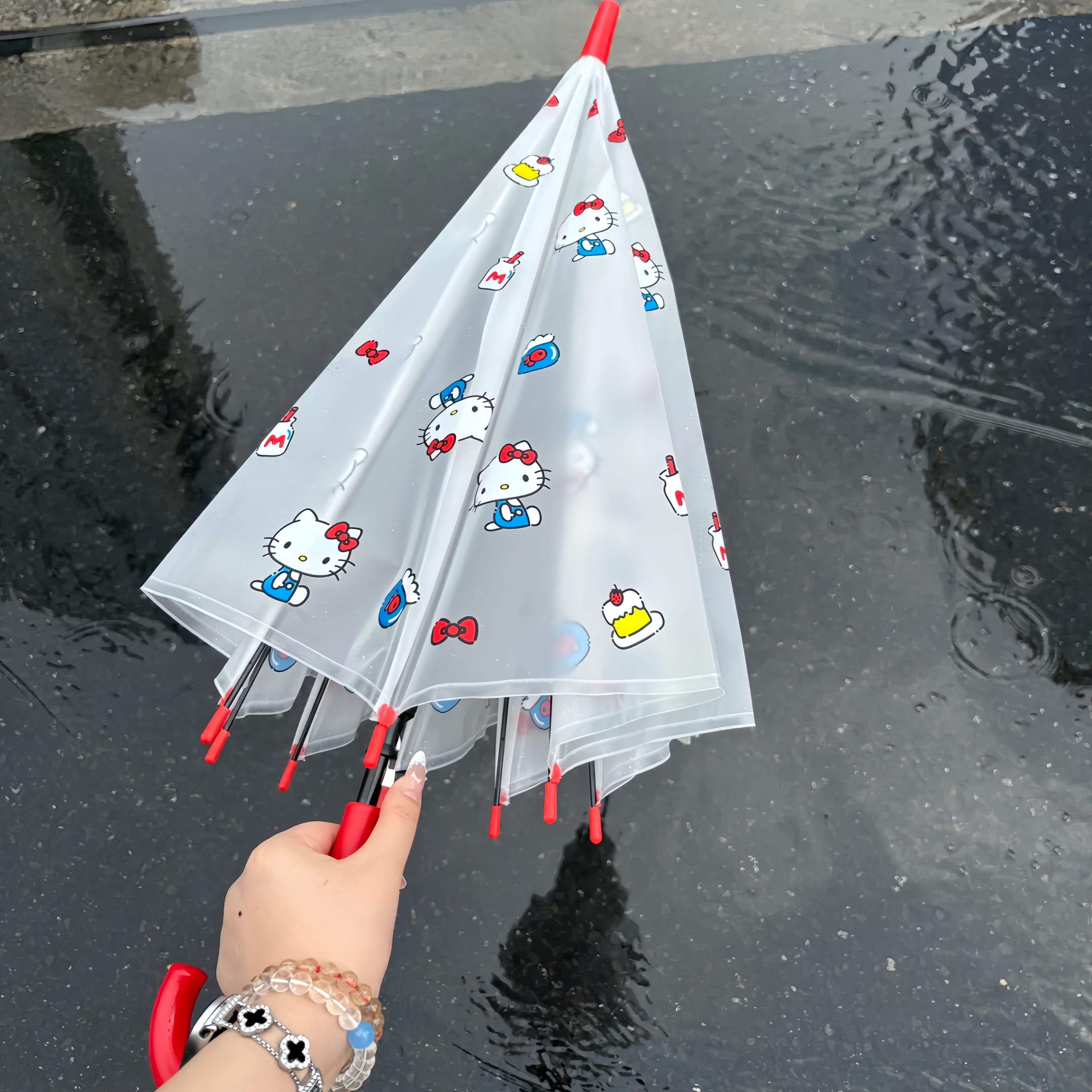 蝴蝶猫透明磨砂自动抗风长柄伞