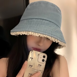 可爱渔夫帽蕾丝边牛仔防晒盆帽高级感遮阳学院风显脸小水桶帽子女