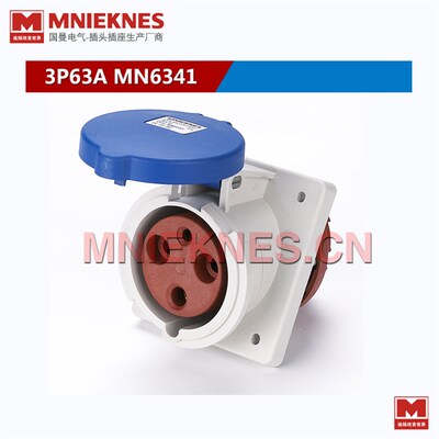 3孔63A暗装斜座 工业插座IP44 防水插头插座 6341单相三线2P+E