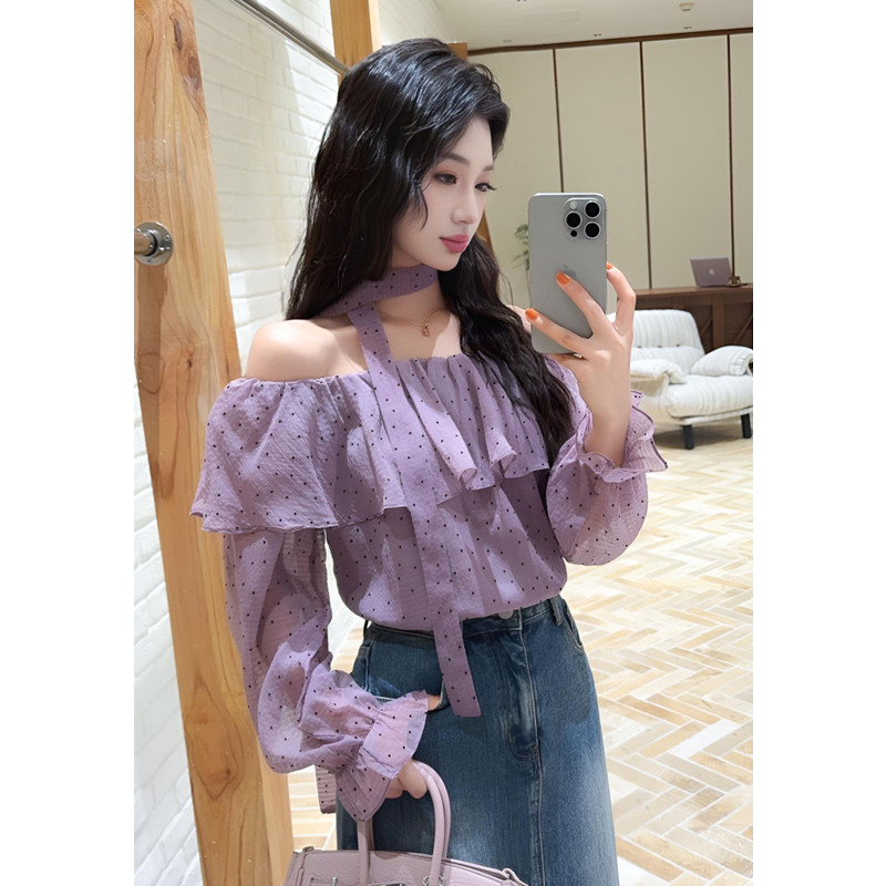 ASY/2026春季新款波点绑带一字肩衫【小个子】减龄短袖上衣