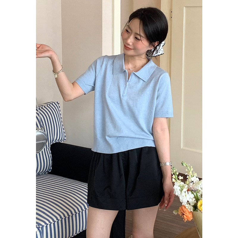 ASY/2026春季新款短袖衬衫【小个子】翻领拉链针织上衣