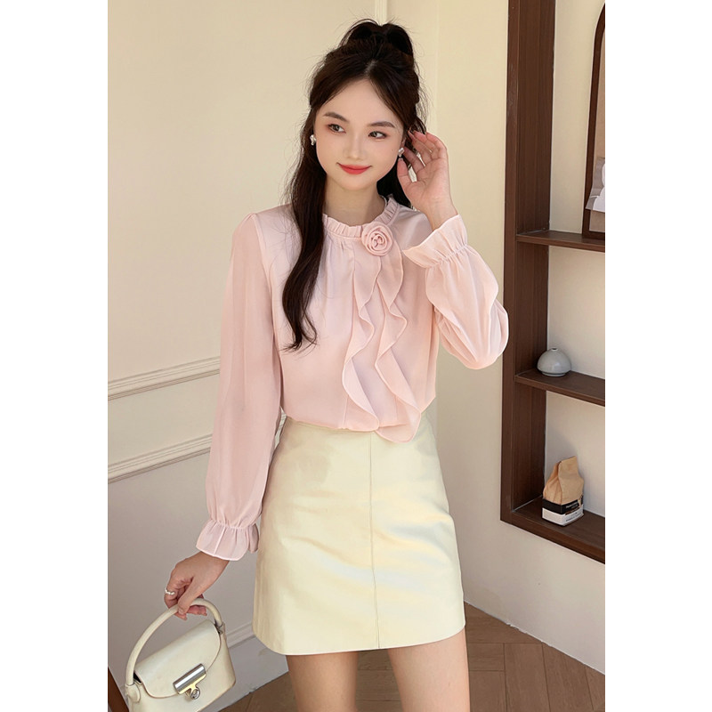 ASY/2026春季新款雪纺杉【小个子】减龄花朵装饰领口上衣