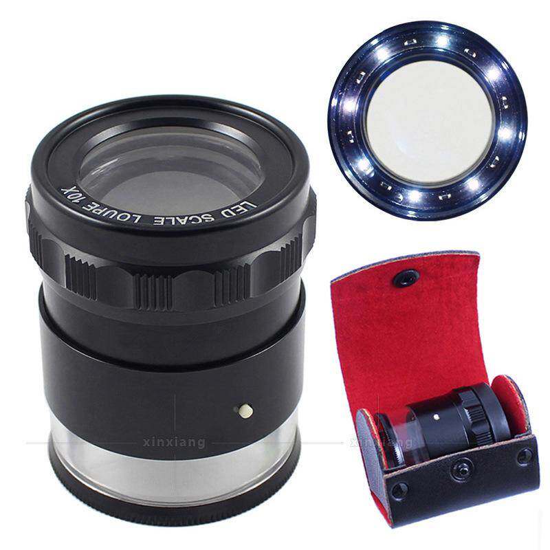 正品高档8个LED灯3组光学玻璃高清带刻度10倍放大镜圆筒皮套礼盒