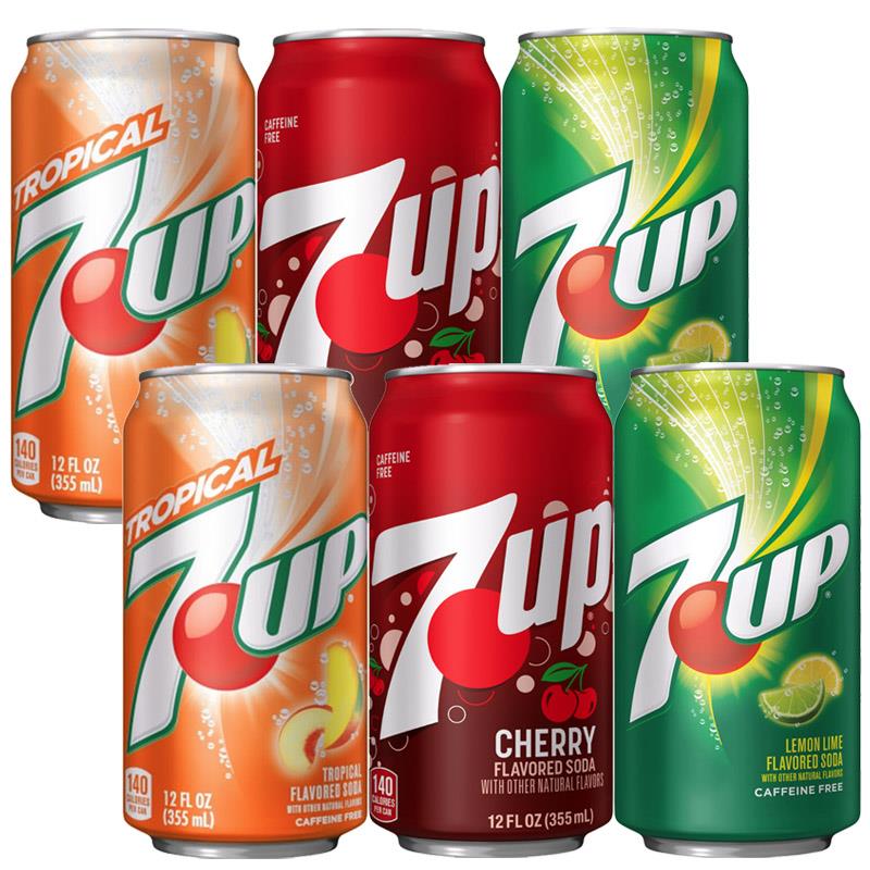 美国进口7UP七喜樱桃味汽水热带水果柠檬碳酸饮料355ml/罐 新日期