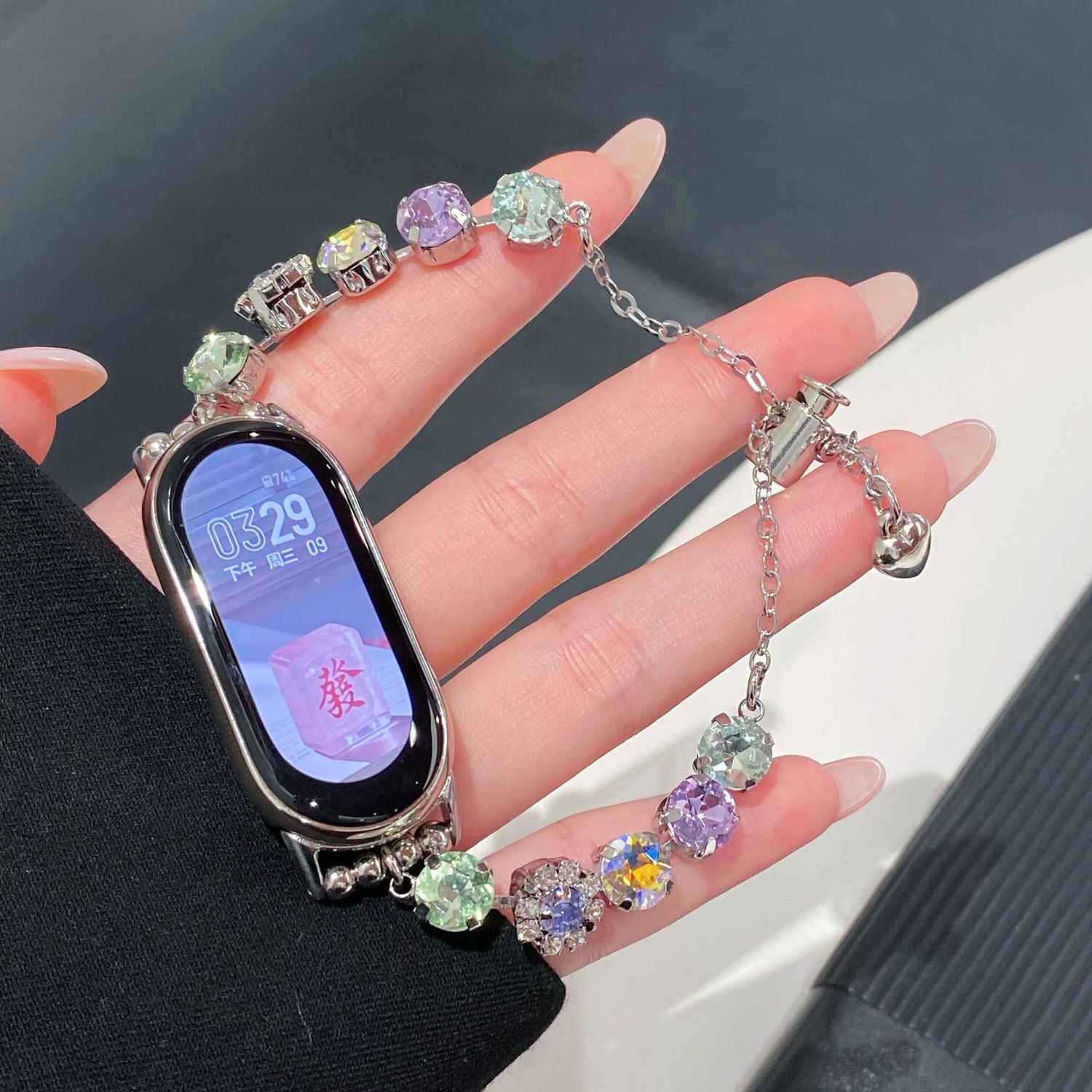 闪钻彩石腕带皮质表带适用小米9nfc手表华为10表带小米9PRO高级女