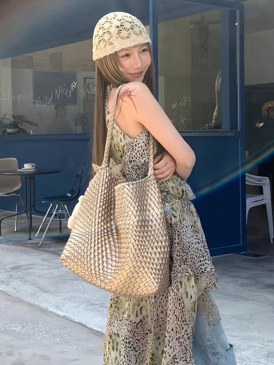 亚克力枪枪ecody*编织包香槟色编织托特包大容量春夏银色手提单肩