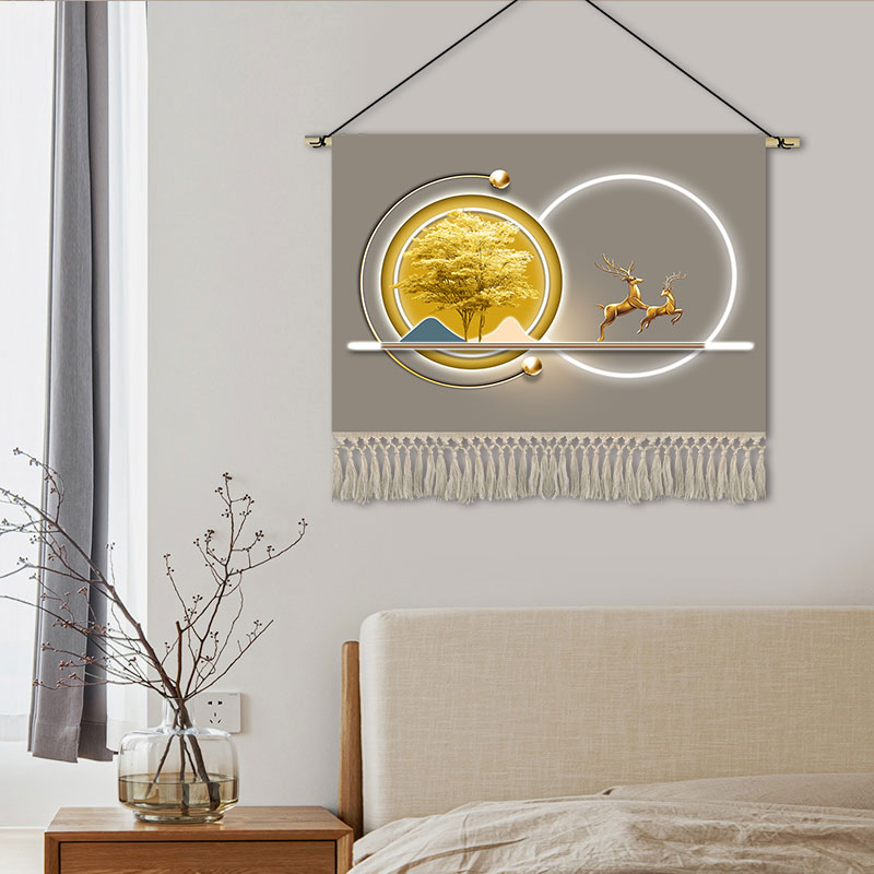 灯光麋鹿挂画布艺餐厅床头装饰画背景墙挂毯画玄关横版挂布定制画图片