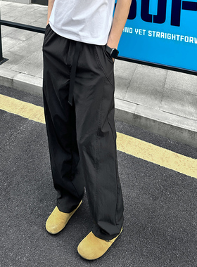 QUALCOMM黑色卡扣腰斜切冰丝裤男夏季轻薄透气直筒坠感宽松休闲裤