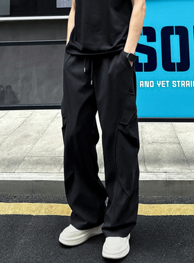 QUALCOMM美式潮牌黑色简约设计呢料直筒裤秋冬男百搭运动休闲长裤