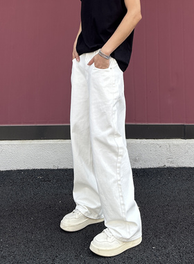QUALCOMM秋冬氛围感cleanfit白色牛仔裤男女同款欧若窄版阔腿裤子