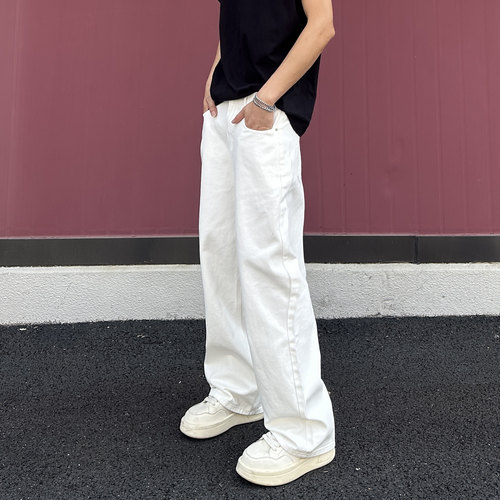 QUALCOMM秋冬氛围感cleanfit白色牛仔裤男女同款欧若窄版阔腿裤子